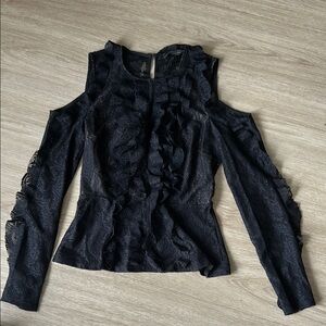 BCBGMaxAzria Black Ruffle Cold Shoulder Lace Blouse size XS